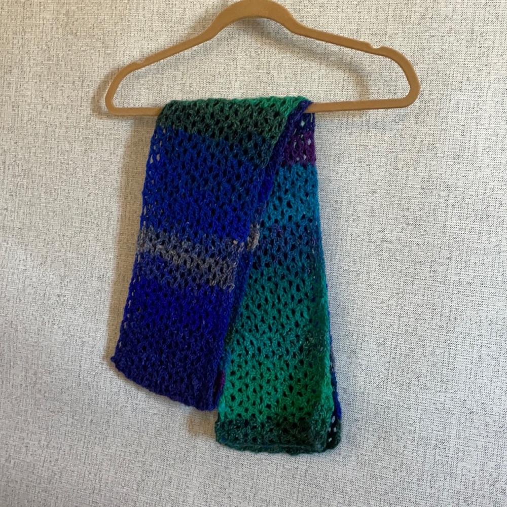 Handmade crocheted scarf in green / teal / royal blue / purple ombré pattern